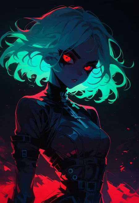 score_9, score_8_up, score_7_up, score_6_up, NLSTN, 1girl, red eyes, black background, 1girl, dark, black bodysuit, suggestive pose, dynamic pose, moonlight, perfect female waist, halftone lighting, makeup, eyeliner, eyeshadow, mascara, glowing, dark