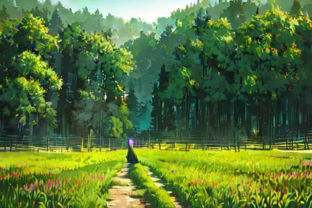 (otherworldly), highly insanely detailed, masterpiece, top quality, best quality, highres, 4k, 8k, RAW photo, (very aesthetic, beautiful and aesthetic), farm, fields, barn, fence, fantfa, <lora:FantasyFarm-10:0.6>,
1girl,
(forest green hair ),
(caramel background,iridescent background ,gradient background,neon color,solid color,solid color background),âââ