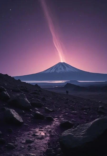 DB4RZ style painting, A dark, otherworldly volcanic landscape looms under a vast, star-filled night sky. The monumental volcano, towering and ominous, is formed from nearly black rocks and violently erupts with glowing streams of magma that pour down its slopes, casting an eerie light across the scene. Above, gigantic clouds swirl, unnaturally illuminated in vivid, otherworldly hues of deep purples, greens, and electric blues, stark against the dark sky. The stars seem brighter than usual, scattered like silver dust across the heavens, adding to the surreal atmosphere. Amidst this chaotic beauty, a lone cloaked figure sits quietly on a jagged outcrop of stone, silhouetted against the volcanic glow. The strange mix of the volcanic fury, the alien light from the clouds, and the serene starlit sky creates a scene both majestic and unsettling, where natural forces collide with unnatural light in a sublime display. (purple sky colors: 2.5) (ethereal glow: 2.3)
(8k uhd:1,4)
<lora:add-detail-xl:1>
<lora:Dynamic Poses:1>