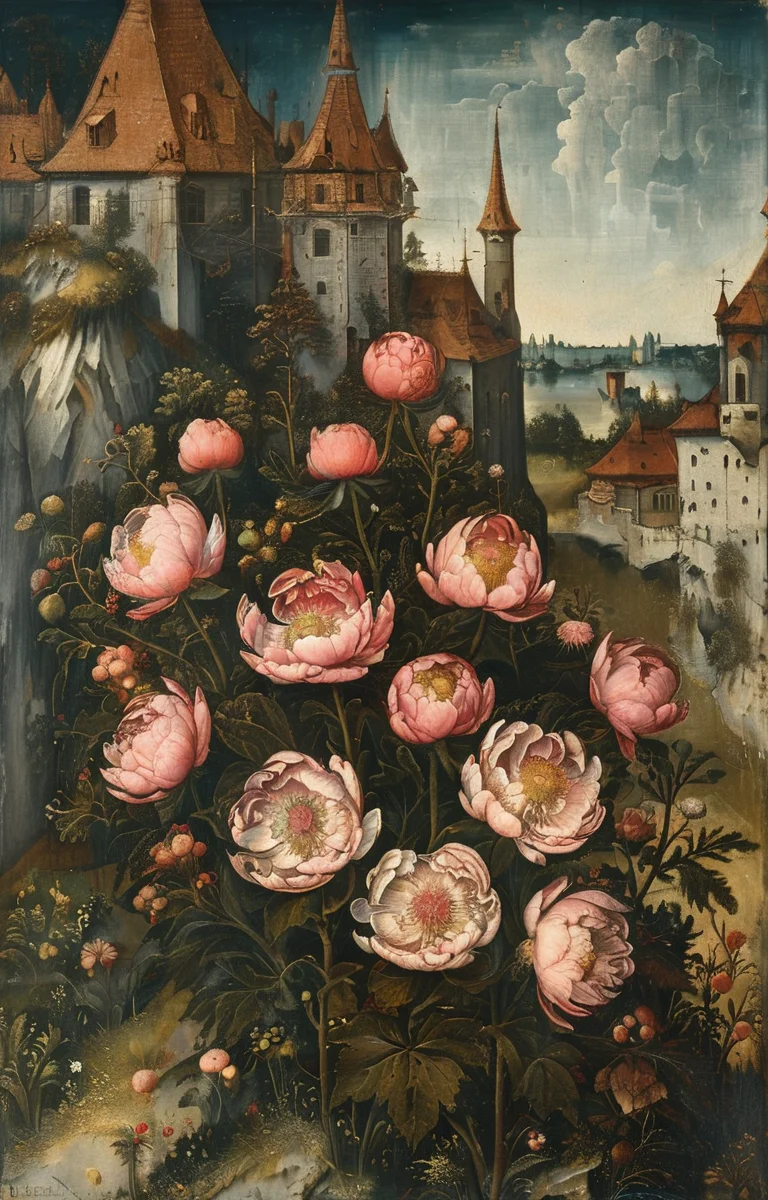 masterpiece,best quality,<lora:tbh282-sdxl:0.9>,illustration,style of Lucas Cranach the Younger decaying peonies