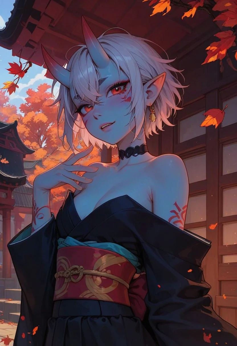 score_9, score_8_up, score_7_up, score_6_up,
1girl, 25 years old, perfect face, cute, petite,
red eyes,
white hair, short hair, messy hair, crossed bangs, hair between eye, pointy ears, black choker,
(blue skin:1.2), (oni:1.2), blue oni, facial tattoo,
kimono, tattoos, Japanese architecture, temple, autumn,
cowboy shot,