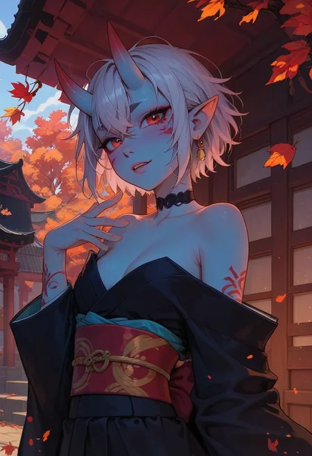 score_9, score_8_up, score_7_up, score_6_up, 
1girl, 25 years old, perfect face, cute, petite, 
red eyes, 
white hair, short hair, messy hair, crossed bangs, hair between eye, pointy ears, black choker, 
(blue skin:1.2), (oni:1.2), blue oni, facial tattoo, 
kimono, tattoos, Japanese architecture, temple, autumn,
cowboy shot,