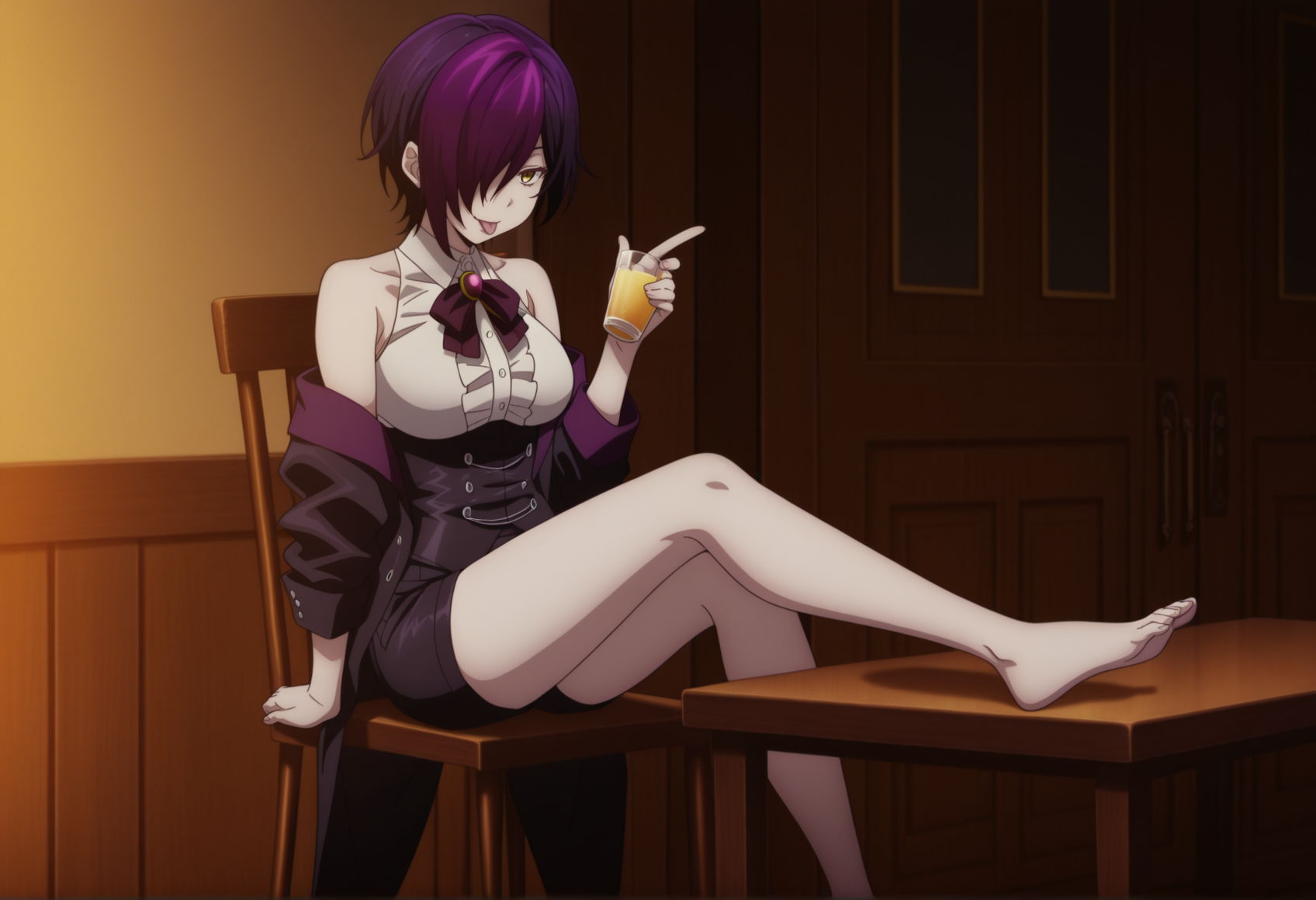 anime screencap, anime coloring, 1girl, short hair, yellow eyes, multicolored hair, purple hair, hair over one eye, white blouse, sleeveless, neck ribbon, brooch, coat, off shoulders, corset, shorts, sitting, indoors, barefoot, chair, feet on table, holding drink, finger gun, :p<lora:Nihilo_ishura:1>,, masterpiece, best quality, amazing quality, very aesthetic, absurdres, highres, newest