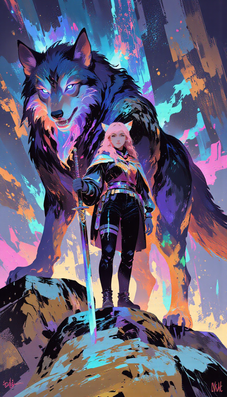 pscho_4rt,mythp0rt, A vibrant digital illustration shoot from a below camera angle about a fantasy scene featuring a fierce wolf and a young girl standing on a rocky outcrop. the scene is set against a colorful, abstract background with glowing, ethereal elements. on the middle of the image, a 1girl with pink hair and cat ears stands confidently, holding a bow and arrow in her hands, looking directly at the viewer with a determined expression. she is wearing a dark cloak with colorful accents, and the wolf has a menacing expression with glowing blue eyes and sharp teeth. the wolf's fur is a mix of blue and orange hues, and its eyes are glowing with a fierce intensity. the girl is standing on the rock, with the wolf standing on top of her, creating a dynamic and powerful scene.  1girl, looking at viewer, pink hair, holding, standing, weapon, outdoors, horns, sword, holding weapon, cat ears, holding sword, colored skin, furry, wolf  camera_angle: from below, art_style: digital illustration, location: mystical landscape, background: colorful abstract shapes and glowing elements, text: NA, distance_to_camera: full body, clothing: dark cloak, image_composition: middle, pants: NA;NA, accessory: bow and arrows, shoes: black boots, action: standing, facing_direction: facing viewer;facing viewer, facial_expression: determined, ear: cat ear, eye_color: blue;blue, gender: 1girl;1wolf, hair_color : pink hair;blue eyes, hair style: long hair, race: light skin;light skin, body: slim