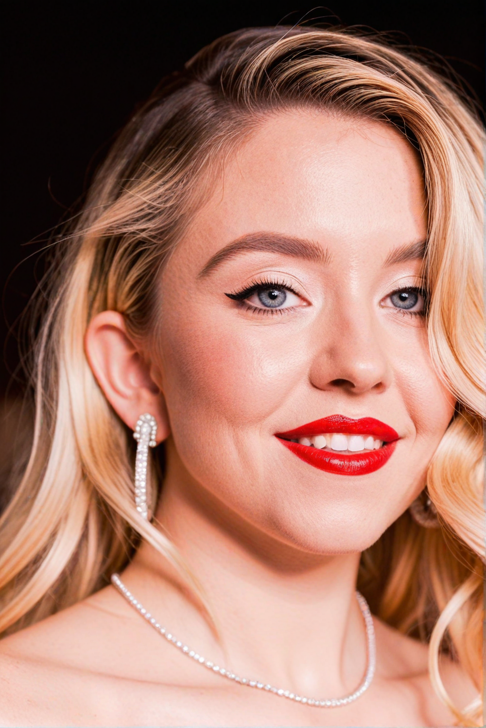 sydneysweeney, accentuated by dramatic winged eyeliner and bold red lipstick, smile, wavy, blonde hair, likely a premiere or a formal gathering. She has fair skin, natural makeup look with a hint of pink lipstick. She is wearing a dress with a turtleneck, realistic textures, (deep focus, focus on background:1.5), 8k uhd, dslr, ultra high quality image, film grain, Fujifilm XT3 <lora:sydneyXL:1>