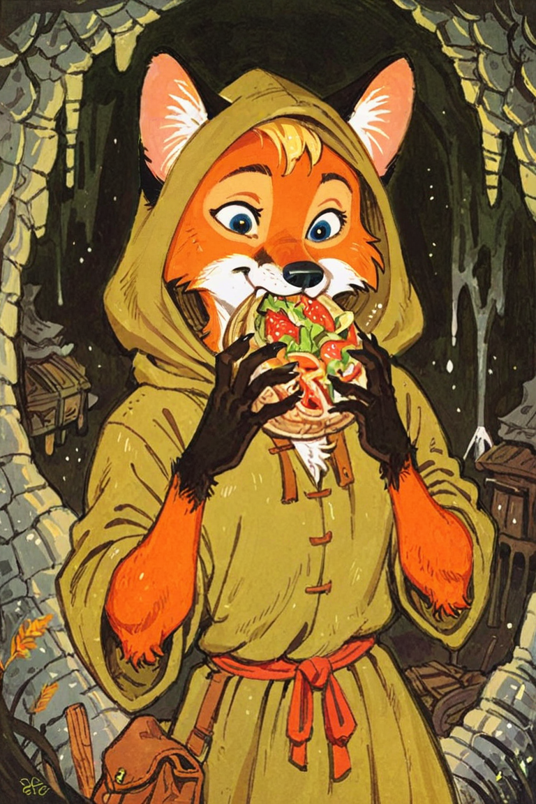 anthro fox girl,blonde hair,Robin Hood,(solo:1.5),cave,
Trepenok,cape,hood,portrait, Eating boxed lunch
<lora:Trepenok:0.8>
  <lora:age_slider_v4:-3> <lora:Perfect Hands:1>, score_9, score_8_up, score_7_up, score_6_up, score_5_up, score_4_up,zPDXL