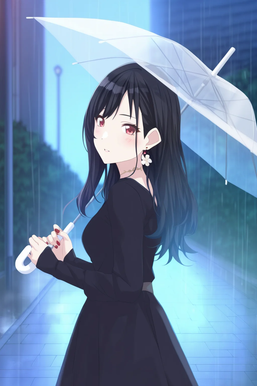<lora:Shiny_Colors_Anime_Style:1>, shinycolors, 1girl, solo, umbrella, transparent umbrella, transparent, rain, black hair, holding, holding umbrella, long hair, looking at viewer, red eyes, jewelry, earrings, long sleeves, dress, nail polish, black dress, parted lips, red nails, outdoors, blurry, sleeves past wrists, from side, blush, blurry background, standing, looking back, cowboy shot, flower