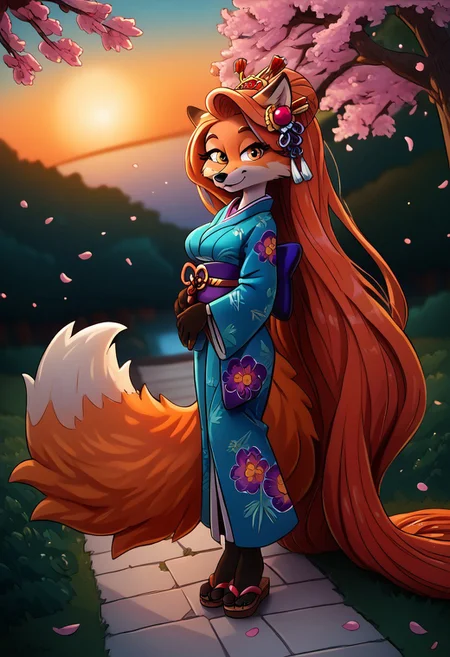 score_9_up, score_8_up, score_7_up, (masterpiece), (best quality), hyper detailed, perfect anatomy, anthro fox girl, dazzling, perfect face,
sexy, seductive, (absurdly long hair, very long hair, floor length hair:1.3), orange hair, hairflower, bright amber eyes, print_kimono, oiran, hair ornament, japanese clothes, floral print, blue kimono, obijime, sandals, tabi, wide sleeves, furisode, orange fur, fox tail, dusk, anthro, female furry, fox, fox tail, fox ears, body fur, fluffy, paws, sunset, trees, outdoor, in spring, falling petals, cherry blossoms, looking_at_viewer, dynamic_angle,