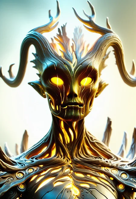 hyper detailed masterpiece, dynamic, cowboy shot, Spriggan, DonMX3n0T3chXL, eerie, gloomy, decay, haunting, Ghost Mecha God, glowing, deer antler helm, bio cyborg