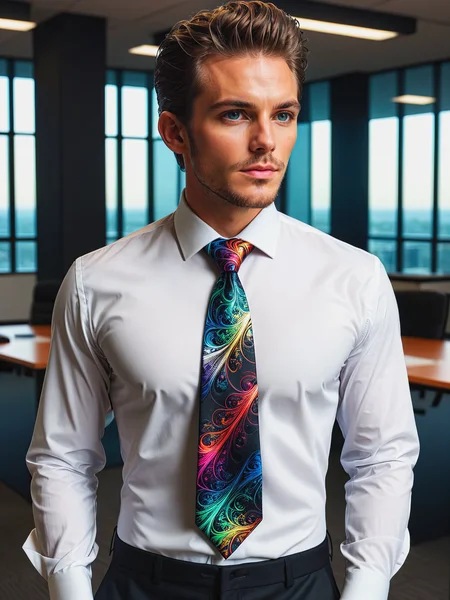 man wearing a colorful mad-frctl necktie and white shirt and black suit in office <lora:Colorful_Fractal_SDXL:0.6>, (masterpiece:1.2), best quality