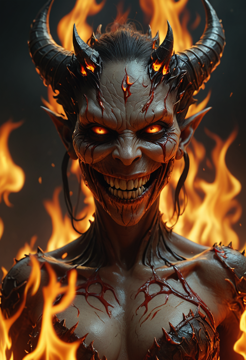 a grinning female demon surrounded by flames, hyper realistic, ultra detailed, harsh light, 8k UHD