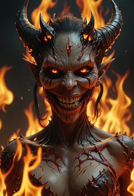 a grinning female demon surrounded by flames, hyper realistic, ultra detailed, harsh light, 8k UHD