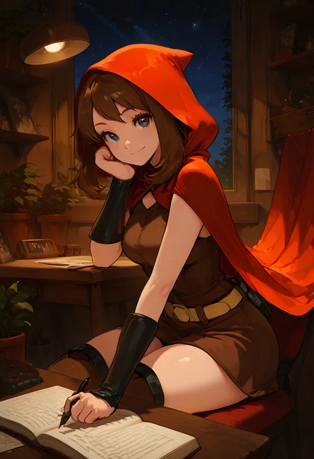 masterpiece, best quality, 1girl, eyelashes, (beautiful eyes), looking at viewer, smile, narrow waist, wide hips, zzRedMayCitron, 1girl, shirt, thighboots, brown shirt, yellow belt, red hood, cape, gaze, flowing cape, foreshortening, fantasy background, ,<lora:LittleRedMay_IXL:1.0>, (dynamic pose, foreshortening), , zzLofi, sitting, side view, desk, chair, book, bookshelf, head rest, holding, holding pen, lamp, night, open book, pen, plant, potted plant, sky, star (sky), starry sky, window, windowsill, writing, <lora:LofiGirl_Style_IXL:0.8>,