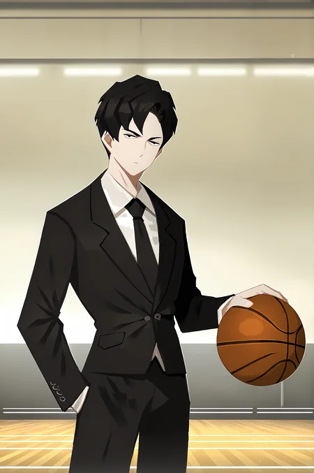 score_9,
<lora:library_of_ruina_v1_pruned:1>,
solo, 1boy, tuxedo, short hair, black hair, black necktie, looking at viewer, expressionless, black eyes,
basketball, throwing basketball,
high resolution, Masterpiece, detailed