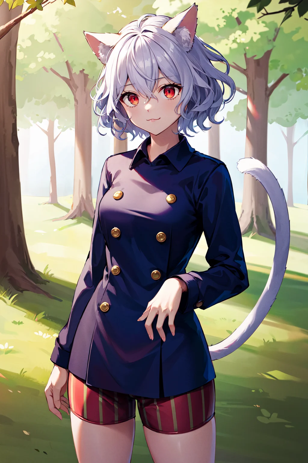 masterpiece, best quality, highres, neferpitou1, cat ears, (cat tail:0.6), solo, short hair, red eyes, long sleeves, hair between eyes, :3, curly hair, striped, cat girl, buttons, striped shorts, <lora:neferpitou_v1:0.6>, cowboy shot, standing, outdoor,