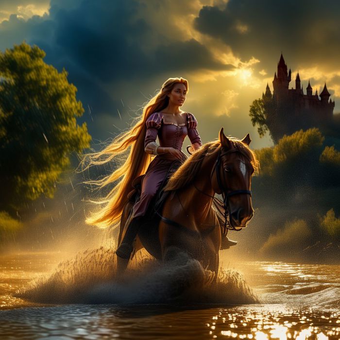 rapunzel, 1girl, riding horse, through the river, water splashes, heavy clouds, light and shadow, realistic