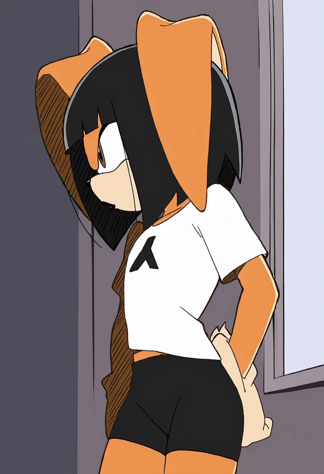 masterpiece, best quality, newest, absurdres, highres, veryawa, safe, sonic (series), solo, 1boy, anthro rabbit, rabbit ears, twink, femboy, fluffy hair, black hair, black lipstick, short hair, Emo bob, brown eyes, orange fur, white t-shirt, black short shorts
<lora:SonicRidersIL:0.8>, RidersIL, indoors