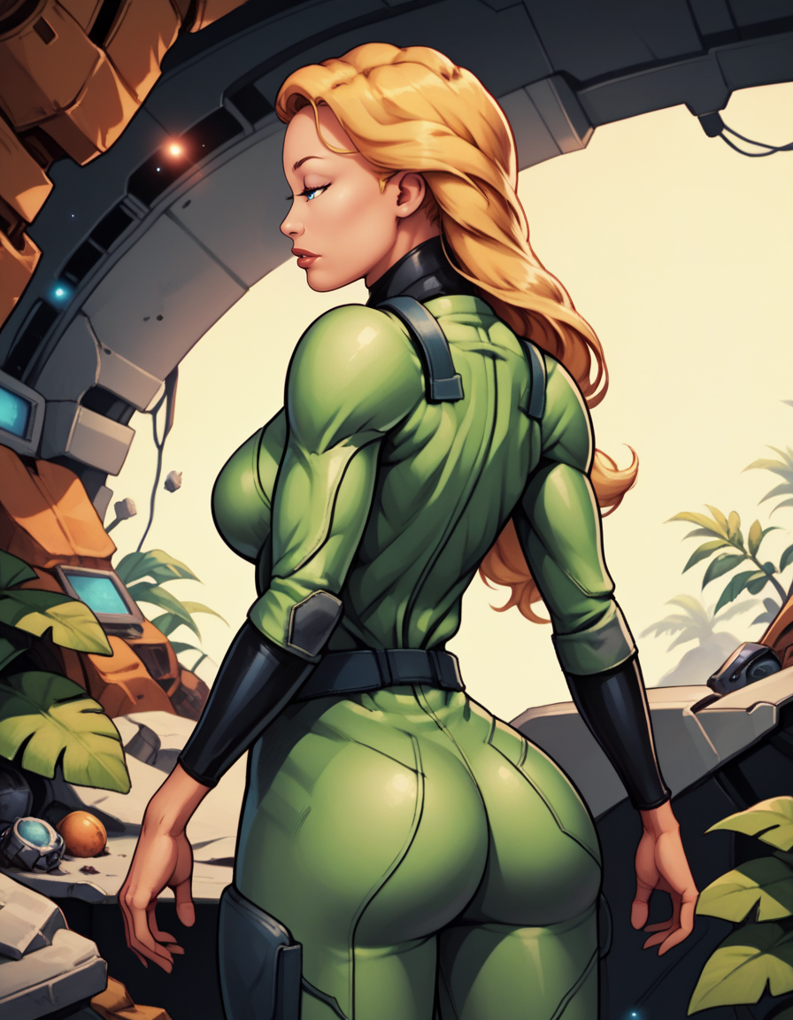 score_9, score_8_up, score_7_up,score_6_up, score_5_up, score_4_up ,
1girl, solo,
large breasts,
beatricewdg,
long hair, blonde hair, blue eyes,
parted lips,
from behind, profile, half-closed eyes, 
jungle,  science fiction,   debris, space, 
 <lora:BWankmeister PXL v01-000002:1>