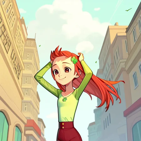 LuckyGirl, 1 girl, alone, red hair with Trevor's 4-leaf clover symbol in her hair, light green shirt with dark green long sleeves
Lucky girl standing with one hip raised, long hair, hands arranging and spreading her hair, breeze blowing the wind. On top of a building, with thin clouds above buildings. Half body, smile