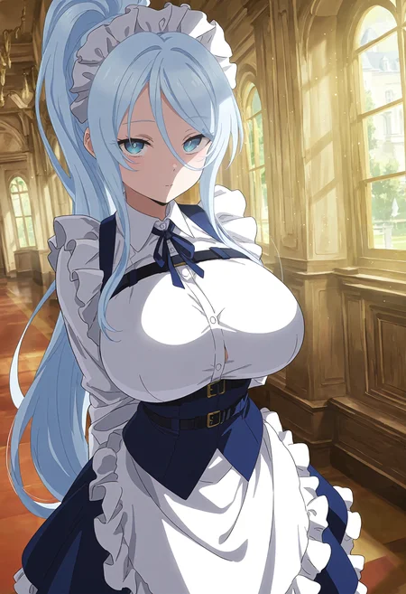 masterpiece, best quality, amazing quality, very aesthetic, absurdres, newest, scenery, 1girl, solo, huge breasts, <lora:Sylpha illustxl:0.9> long hair, blue eyes, hair between eyes, light blue hair, high ponytail, sidelocks, maid headdress, neck ribbon, blue ribbon, white shirt, collared shirt, long sleeves, (frills:1.1), frilled apron, waist apron, white apron, belt, blue dress, frilled skirt, mansion, indoors, standing, upper body, looking at viewer, shiny skin, anime screenshot, masterpiece, best quality, amazing quality, very aesthetic, absurdres, newest, scenery, volumetric lighting