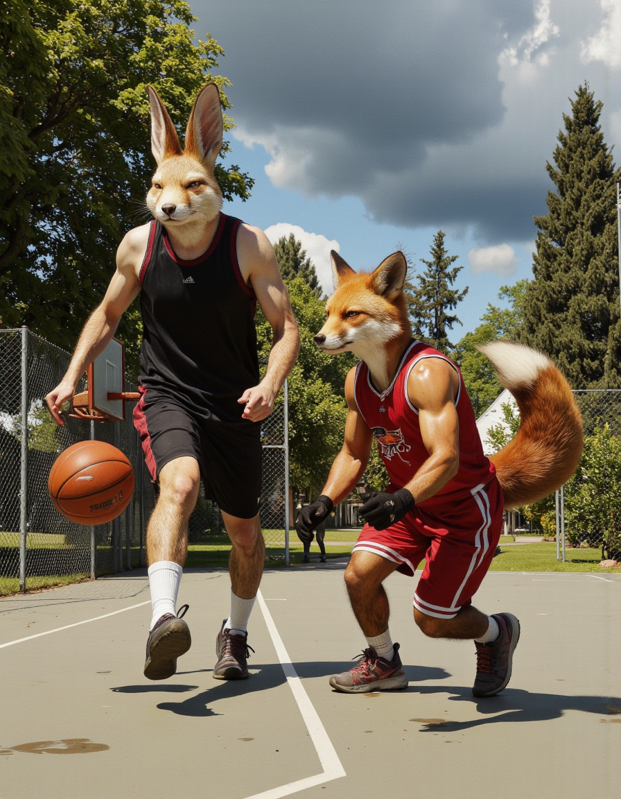 ZooPolis art.
ultra detailed, a cinematic photograph of Rembrandt style This photograph captures a humorous and imaginative scene set on an outdoor basketball court. In the foreground, two anthropomorphic animals, a rabbit and a fox, are engaged in a game of basketball. The rabbit, on the left, has a slender build and is dressed in a black sleeveless tank top and black shorts. The rabbit's fur is a light beige color, and its large ears are prominent, adding a whimsical touch to the scene. The fox, on the right, is muscular and has a red sleeveless tank top and matching shorts. The fox's fur is a rich, vibrant orange with a white-tipped bushy tail., 
Both animals are in mid-motion, with the rabbit dribbling the basketball and the fox guarding it closely. The court has a standard basketball hoop in the background, partially visible behind the players. The background shows a chain-link fence and a lush, green park with tall trees, indicating a serene and natural setting. The sky above is partly cloudy, with patches of blue visible, suggesting a warm, sunny day. The overall composition of the image is playful and surreal, blending the world of humans and animals in a lighthearted and imaginative way., . Whole outfit, clear, sharp, balanced . Baroque, chiaroscuro, realistic, emotional, "flat lighting with charisma. 50mm lens, f/2.8, focused on eyes, natural lighting, beautiful lighting, great composition