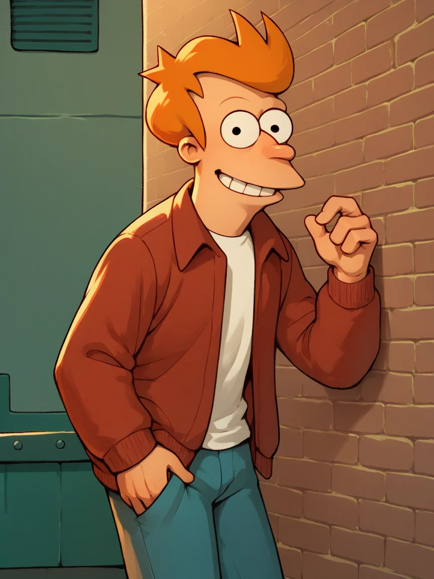 score_9, score_8_up, score_7_up, score_6_up, score_5_up, <lora:FryXLP:1> fry, 1boy, solo, orange hair, jacket, white shirt, pants, smile