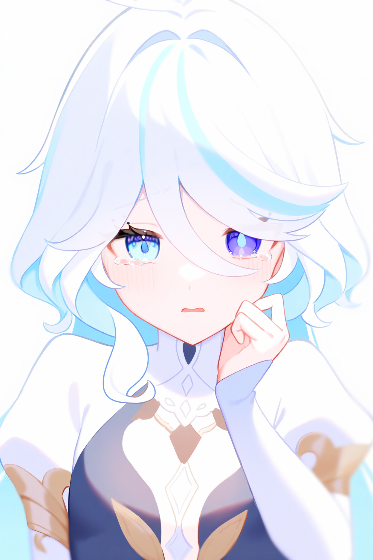 <lora:Furina_v2-000044>,mismatched_pupils,
1girl,adelie_cat,aqua_hair,blue_eyes,blue_hair,crying,crying_with_eyes_open,dress,flat_chest,focalors_(genshin_impact),genshin_impact,hair_between_eyes,heterochromia,juliet_sleeves,long_hair,long_sleeves,looking_at_viewer,multicolored_clothes,multicolored_dress,multicolored_hair,parted_lips,puffy_sleeves,rain,simple_background,solo,tears,very_long_hair,white_hair,