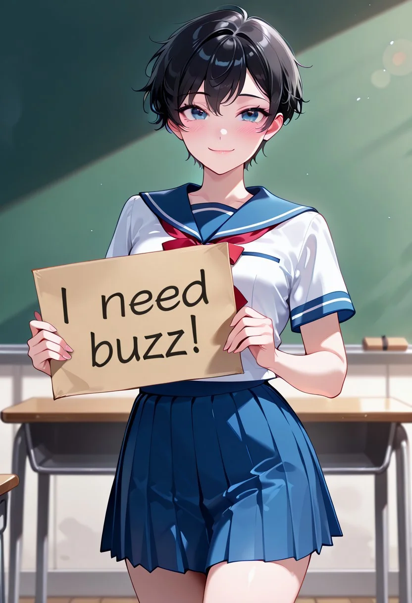 high res image, Beautiful girl with slim body, (masterpiece, detailed:1.2), (1girl:1.4), (blue eyes, black hair, short pixie cut hair), (dynamic poses), looking at viewer, (enjoyed, light smile), Beautiful eyes, (small breasts), (slender body), (beautiful detailed face, beautiful detailed eyes), ((sailor fuku uniform, red ribbon, blue plated skirt)), classroom background, ((cowboy shot:1.3)), seductive, lustrous skin, lustful skin, erotic skin, (need_buzz, holding sign), ((holding cardboard sign that says "I NEED BUZZ"))