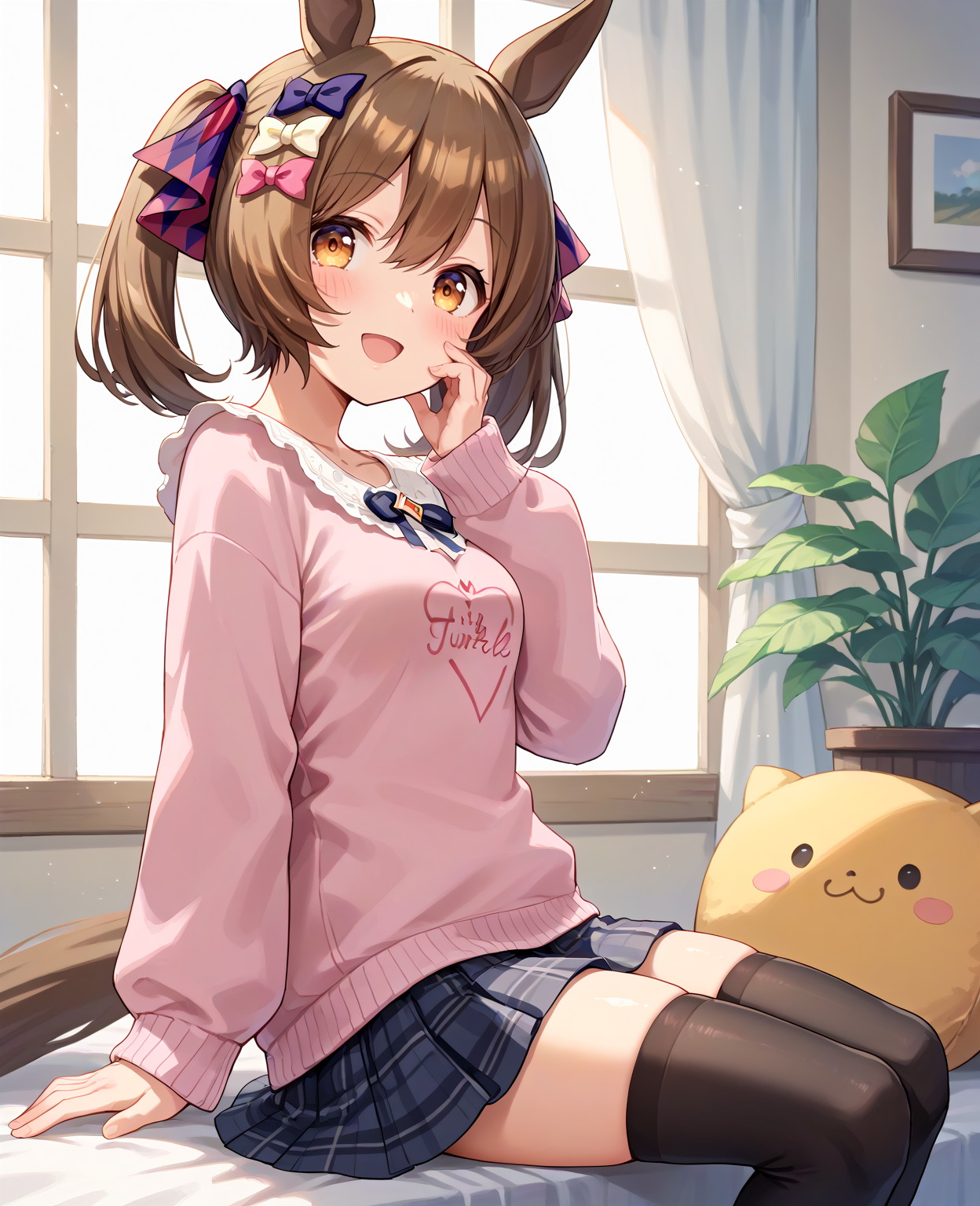 score_9, score_8_up, score_7_up, 1girl, (looking at viewer:1.2), (open mouth:1.0), smile, blush, simple background,, (Sitting with one hand on the cheek:1.2),, (from side:1.2),
<lora:pony_smart_falcon_v1.01:0.9>, smart falcon \(umamusume\), horse ears, horse tail, medium breasts, twintails,
thighhighs, long sleeves, hair ribbon, plaid skirt, casual, pink sweater, plaid pattern hair ribbon, hairclip, ,
,