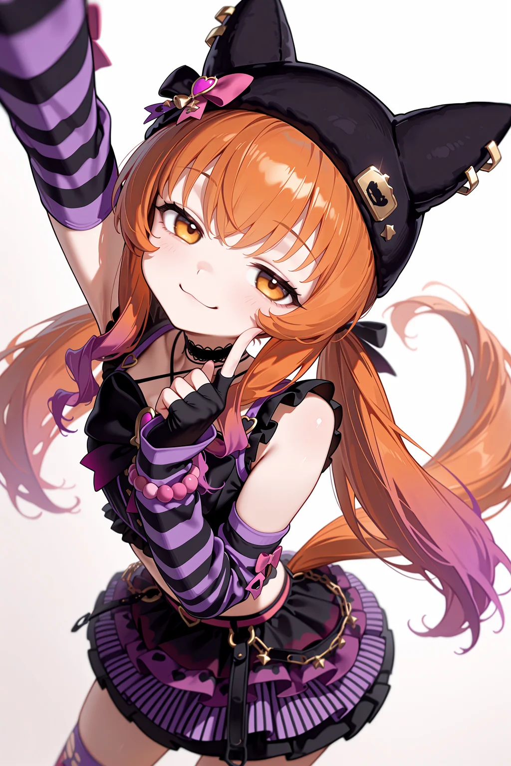 1girl, solo, mayano top gun \(rockin' mewmeow\) \(umamusume\), horse girl, horse tail,
smug, jitome,
standing, arm up, index finger raised,
white background,
cowboy shot, dutch angle, face focus, looking at viewer, <lora:rockinmewmeowillv2:0.8>,, masterpiece, best quality, amazing quality, very aesthetic, absurdres, highres, newest,<lora:xl_saturation_slider:0.1> <lora:add-detail-xl:1> <lora:illustriousXLv01_stabilizer_v1.121:0.4> <lora:reduce_wrinkles_illstriouosv0.1_ADDifT_2_in_1_v1.2:0.9>