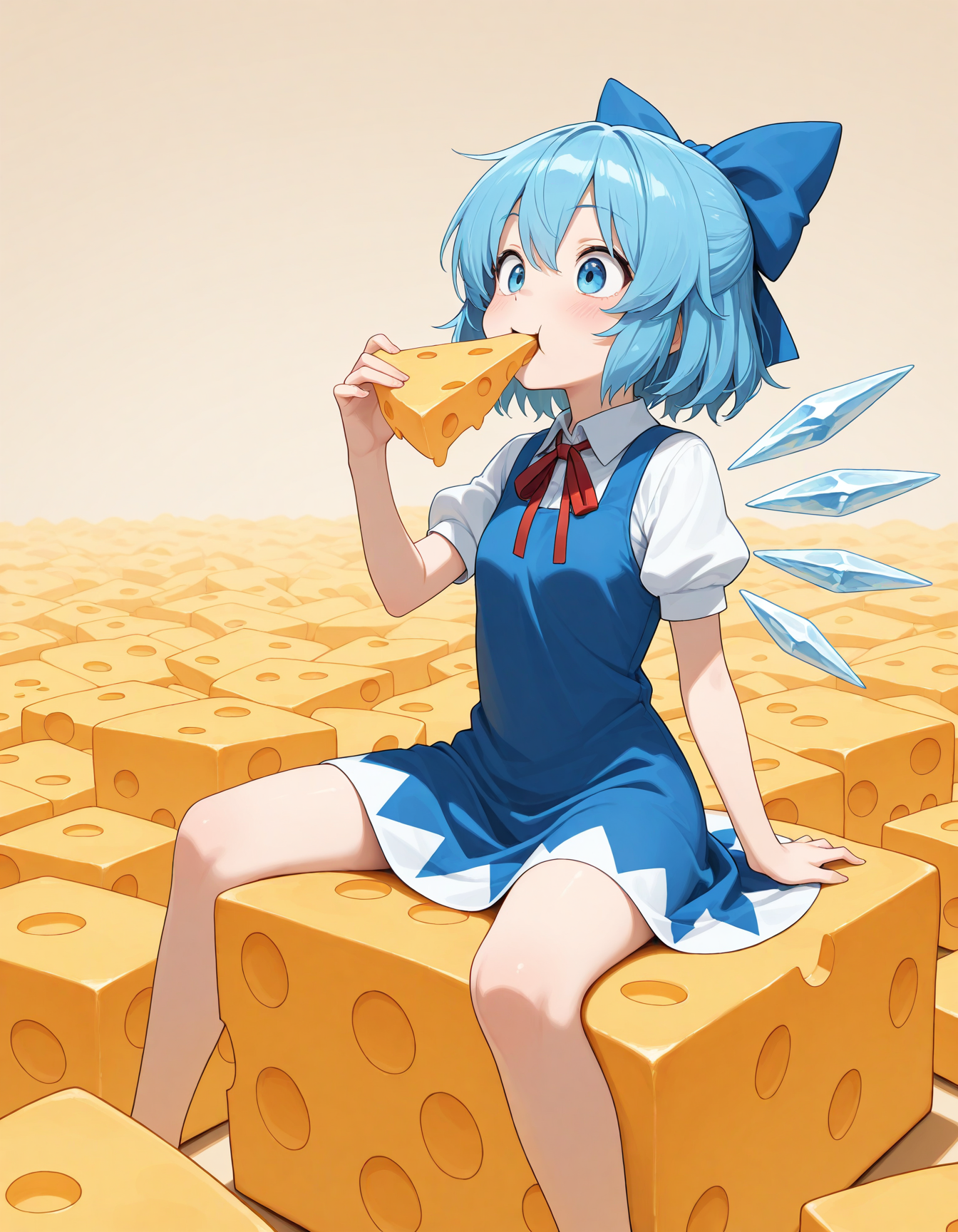 masterpiece, best quality, amazing quality,  1girl, solo, cirno, sitting on cheese, cheese, too many cheese, eating cheese, cheese background,