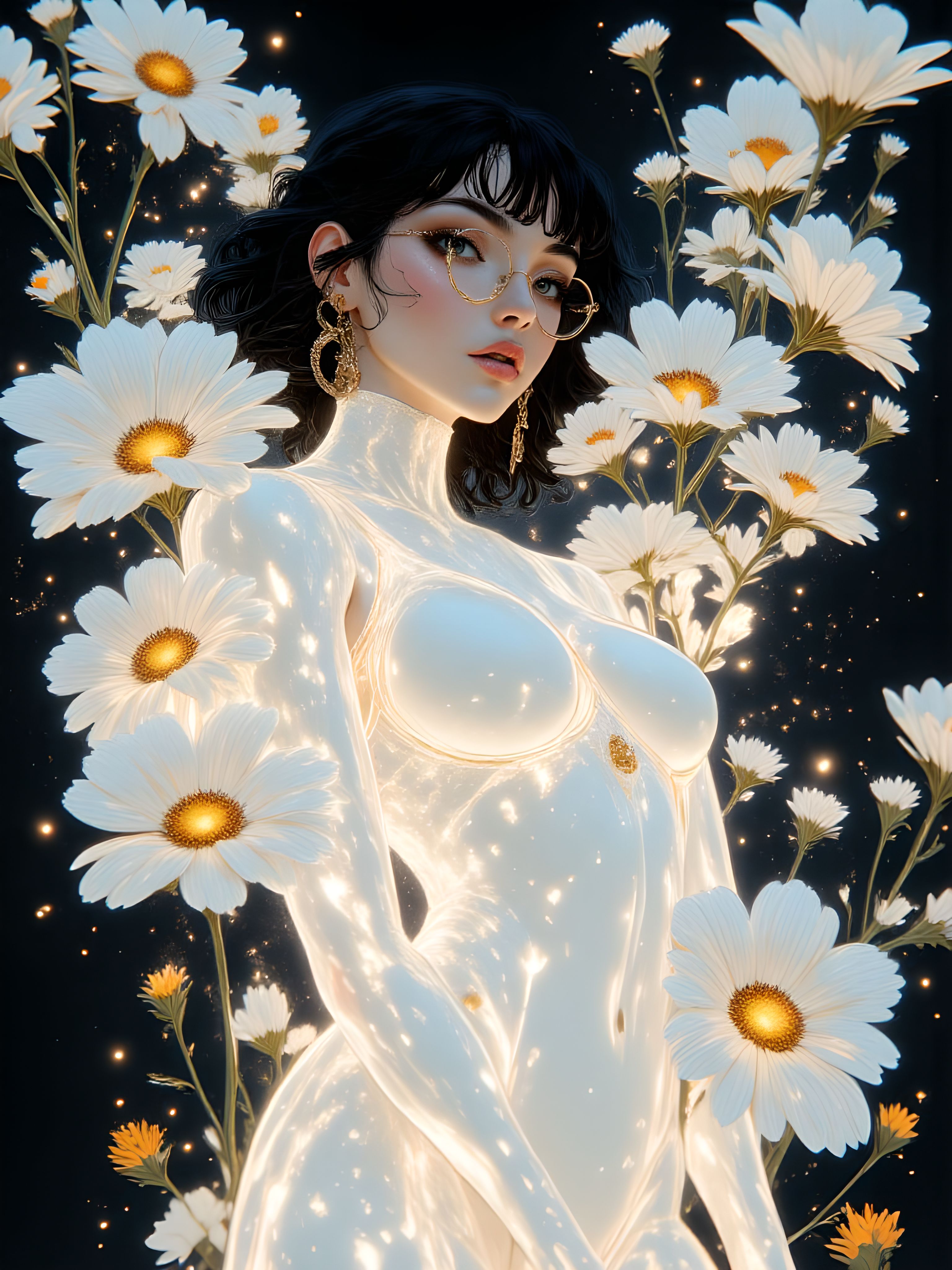 A highly detailed and intricate fantasy artwork of a woman in a cybercore aesthetic, showcasing a double exposure effect that merges light and shadow beautifully. She is depicted full-body with an hourglass figure, medium breasts, wide hips, and full cheeks, around 30 years old. The woman is wearing a white sleeveless leotard, which subtly highlights her luminous, translucent body. Floral patterns with glowing effects adorn her silhouette, enhancing her ethereal presence. The image is captured in a minimalist, sketch-like style with clear lines, incorporating light bokeh and low-key lighting, creating a dreamy, otherworldly atmosphere. The use of cyberpukai elements infuses the piece with a futuristic yet organic feel. She wears glasses, exuding intelligence and grace, as the overall mood is enhanced by the glowing and shimmering details that elevate the art's atmosphere. aidmaimageupgrader, aidmaMJ6.1m, detailmaximizer, mythp0rt, ne0nfant4sy, drkfnts <lora:aidmaImageUpgrader-FLUX-V0.2:1.0> <lora:flux.1_lora_flyway_Epic-detail_v2:0.8> <lora:aidmaMJ6.1_aidmaMJ6.1-FLUX-v0.4:0.8> <lora:v1v1dr34m:0.7> <lora:aesthetic2-cdo-0.5:0.8> <lora:mythp0rt_FluxMythP0rtr4itStyle:0.7> <lora:ne0nfant4sy_NeonFantasyPrimeFLUX-000049:0.76>