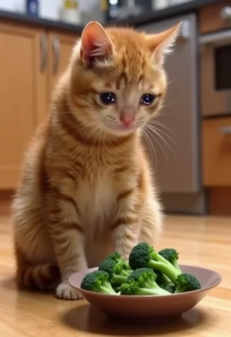 realistic photo of crying cat sitting on the floor looking at a food bowl of broccoli, kitchen in the background, high quality, incredibly detailed, hyperrealistic digital photo