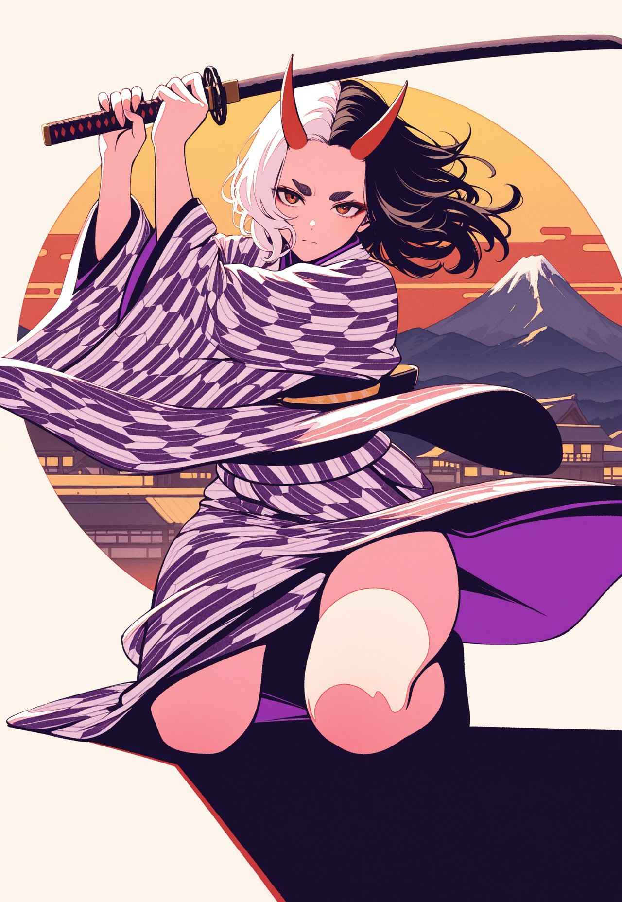 solo,
filled_composition, blending, on one knee, fighting stance, serious, katana,
furisode, [layered kimono], wide sleeves, (yagasuri, unmoving pattern),
thick eyebrows,
[parted_hair, forehead],
(ushizaki_urumi:0.6), oni, split-color hair, curvy, toned,
[village, japanese, mountainous horizon],
hamada_yoshikazu, moshimoshibe,
masterpiece, absurdres, newest, [dynamic pose]