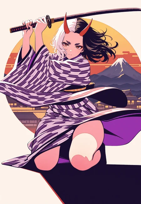 solo,
filled_composition, blending, on one knee, fighting stance, serious, katana,
furisode, [layered kimono], wide sleeves, (yagasuri, unmoving pattern),
thick eyebrows,
[parted_hair, forehead],
(ushizaki_urumi:0.6), oni, split-color hair, curvy, toned,
[village, japanese, mountainous horizon],
hamada_yoshikazu, moshimoshibe,
masterpiece, absurdres, newest, [dynamic pose]