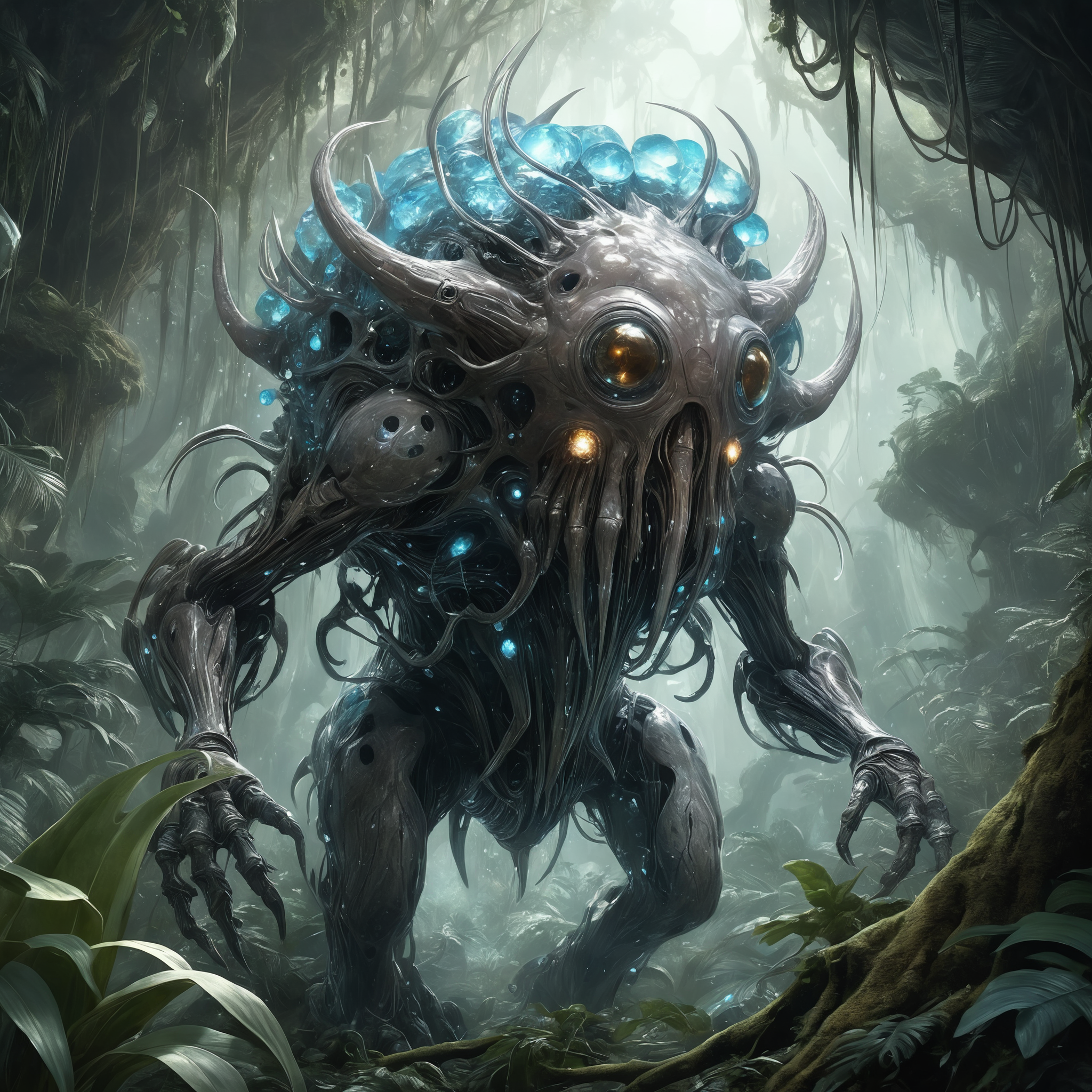 <lora:add-detail-xl:2>, ultra detailed, famous artwork by justin sweet, crystalline, (fractal art:0.7), fantasy style, this peculiar life form, the lumpy hobbeast hides in the shmoggled dense crystal jungles of the watterlined exoplanet blunderbunny quartus. covered in a metallic exoskeleton it (ambushes its prey:1.4) with (long crystalline appendages:1.3)