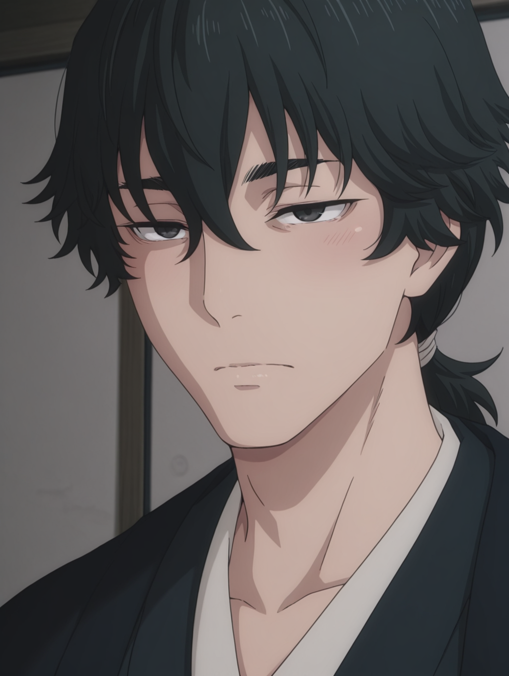 Jinta, kimono, black eyes, black hair, jinta, japanese clothes masterpiece, best quality, amazing quality, 1 boy, solo, male focus, fair skin, face focus, face close up
