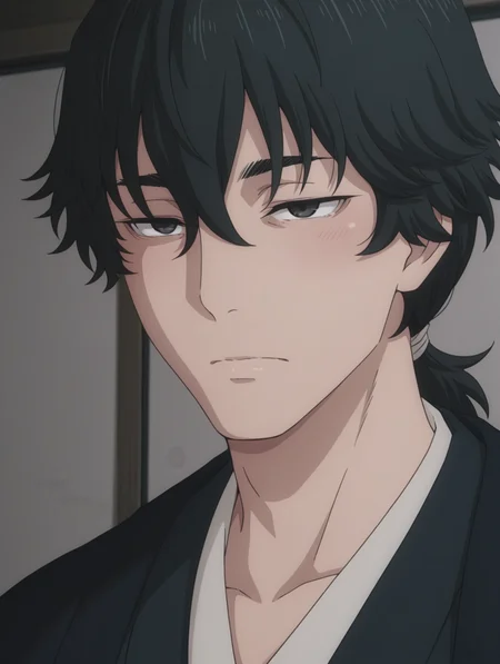 Jinta, kimono, black eyes, black hair, jinta, japanese clothes masterpiece, best quality, amazing quality, 1 boy, solo, male focus, fair skin, face focus, face close up