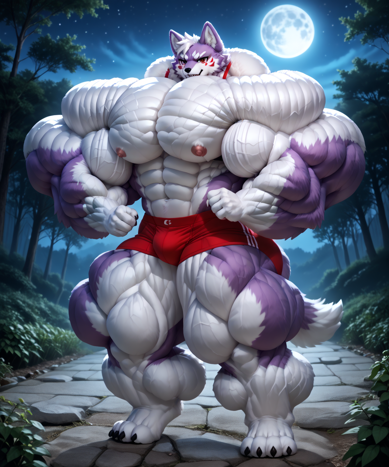 score_9, score_8, score_7, 2025 Furry Animal, Zodiac Power, Furry, Fursuit, Fursuit Furry, Furry Fursuit Animals, Fantasy Fiction, Dreamcolor, Kemono, Kemono Second Epoch, Second Era, Silicon-based Furry, Silicon-based Animals, Future technology, Furry, Fursuit, Furry Fursuit, Fursuit Animals, Fursuit Muscular Animals, Fursuit Muscles, Fursuit Muscular, Fantasy, Hyper Muscles, Hyper Muscular, Hyper Muscles Buff, Chiseled eight pack abs, Very muscular body, (body muscles very bulging:1.3), muscular and powerful build, Fictional Movies World, Multi World CG, Second Era Furry, Second Dimension Furry, Surreal Dreams, Future technology; Surreal 3D render, Kerberos Blade, Masterpiece, Glowing Fist, Werewolf, solo, looking at viewer, Male Anthropomorphic Wolf, Large werewolf (ethnicity:1.2), (body type: muscular), (pose: dynamic),  (detailed clothing:1.2), (accessories:1.1), ripped dark grey t-shirt, red briefs, (facial features:1.3), (expression: angry), (detailed skin texture:1.3), Full body muscles bulging very hyper huge, extreme muscle definition, howling at the moon, mid-action,  center of frame, facing viewer,  night scene, full moon, starry sky, dark forest background, (detailed tree lines: 1.2),  (detailed fur:1.2),  photorealistic, digital art, cartoon style, comic book style, dramatic lighting, cool color palette, dark blue night sky,  full body shot, wide angle, intense expression, action pose, huge body, big muscle, massive muscles, absurdly massive physique, large muscles, big muscles, gigachad muscular, huge muscles, exaggeratedly large physique, powerful and huge, flexing large muscles, extremely muscular, muscular!!, extreme muscles, exaggerated muscle physique, very buff, muscular and terrifying, serious expression, monster wolf, wolf boy, muscles wolf boy, Huge Muscles boy, Super Muscles boy, Super Muscular buff, muscles flesh swell, embedding:zPDXL, full body close-up shot.
