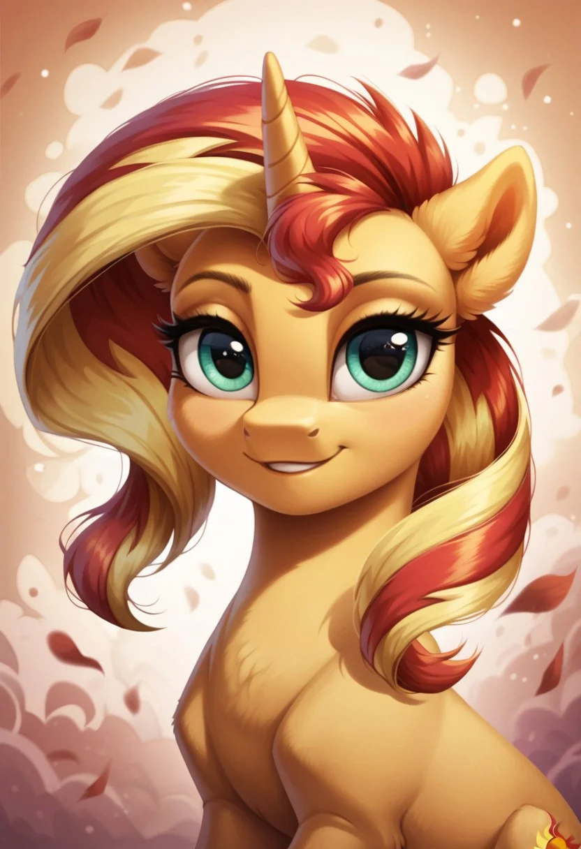 score_9, score_8_up, score_7_up, score_6_up, score_5_up, score_4_up, my little pony, ((feral pony)), Sunset Shimmer, 1girl, ((solo)), (sexy), beautiful, detailed, (detailed cute pony face), detailed eyes, detailed fur, detailed hooves, beautiful, vector, flat colors, (beautiful long eyelashes), (beautiful hooves), (abstract background:1.8), (looking at you, looking at viewer:1.5), smile, happy, ((close-up)), high angle