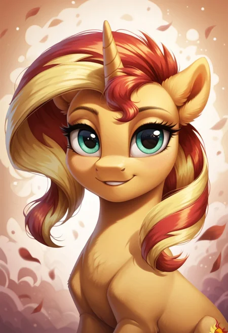 score_9, score_8_up, score_7_up, score_6_up, score_5_up, score_4_up, my little pony, ((feral pony)), Sunset Shimmer, 1girl, ((solo)), (sexy), beautiful, detailed, (detailed cute pony face), detailed eyes, detailed fur, detailed hooves, beautiful, vector, flat colors, (beautiful long eyelashes), (beautiful hooves), (abstract background:1.8), (looking at you, looking at viewer:1.5), smile, happy, ((close-up)), high angle