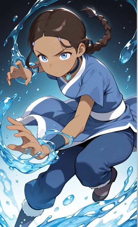 masterpiece,best quality,amazing quality, absurdres, solo, 1girl, <lora:IlluKatara:1> illukatara, dark-skinned female, brown hair, single braid, blue eyes, choker, blue dress, short sleeves, blue pants, dynamic pose, hydrokinesis, boots, serious,