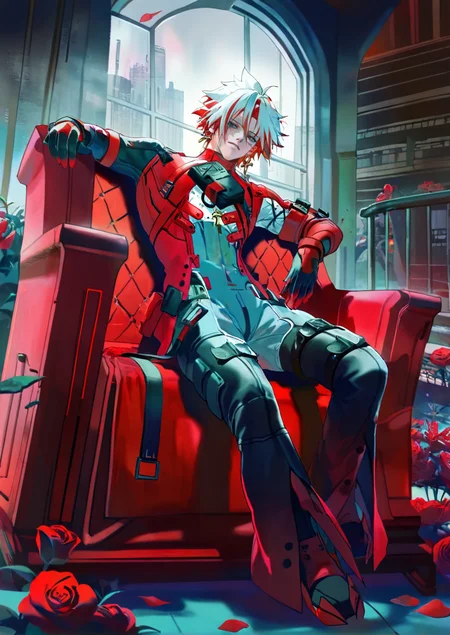 1boy,solo,masterpiece,best quality,amazing quality,realistic,cosplay,(konya karasue),modare Rella,banishment,(stu dts),(miv4t),(suzumi \(ccroquette\)),(rei \(sanbonzakura\)),(torino aqua),
full body,city scenery outside the window,rooftop,belt,from below,sitting on throne,roses,blood,legs crossed,
<lora:ScarLoraNoob:1>,scar_(wuthering_waves),1boy,male focus,short hair,earrings,red hair,multicolored hair,white hair,bodysuit,grey bodysuit,gloves,official alternate costume,scar on face,grey eyes,red eyes,