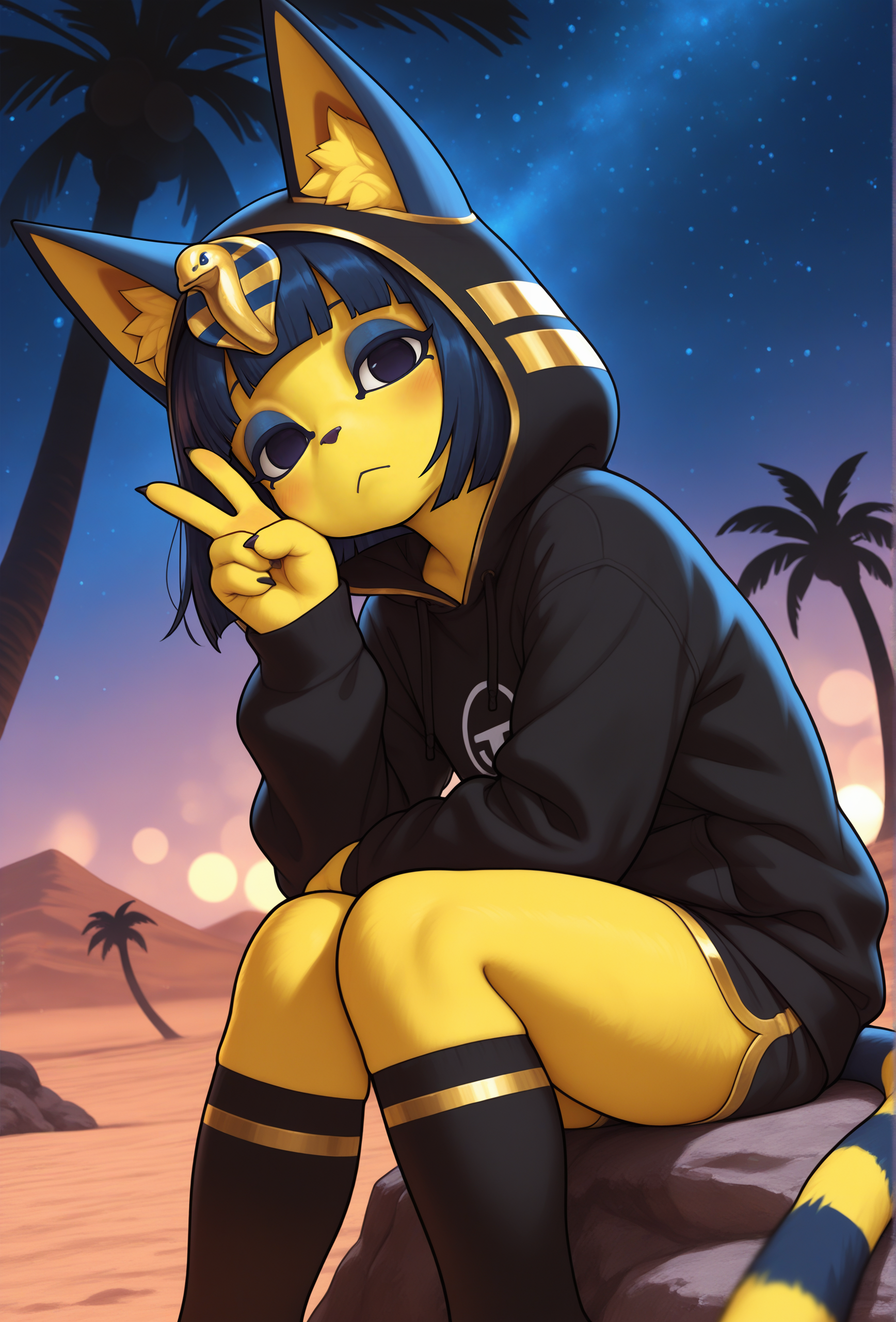 masterpiece,best quality,amazing quality, detailed fluffy fur, fur tuft, <lora:adjot_style_illustrious_v1f:1> adjstyle, furry, 1girl, ankha \(animal crossing\), looking at viewer, head tilt, leaning forward, expressionless, blue eyeshadow, ears through hood BREAK
black hoodie, hood up, gold trim, black shorts, night, starry sky, sand, skyline, palm tree, (bokeh:1.1), desert, dark, low lighting, dim lighting,  sitting, on rock, low angle, (elbow rest:0.5), black socks, knee socks, tail, blurry foreground, v, peace sign