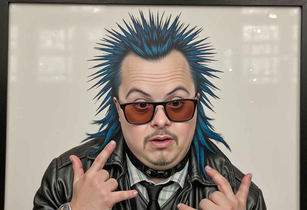 A reverse glass painting of a clothed punk rocker with Down syndrome accidentally sending a text meant for a partner to a boss.