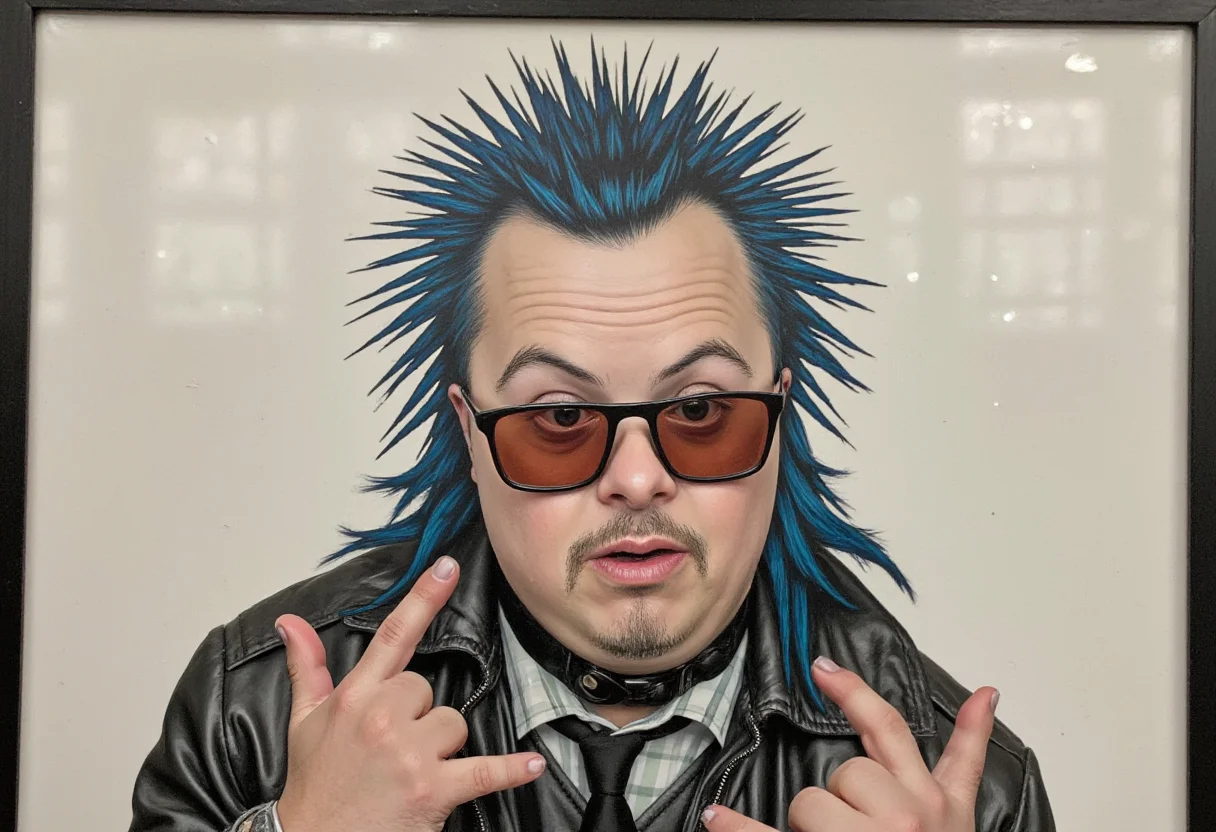 A reverse glass painting of a clothed punk rocker with Down syndrome accidentally sending a text meant for a partner to a boss.