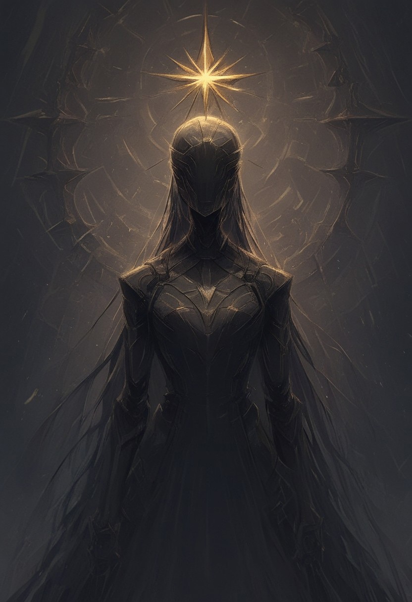 A close-up portrait of a woman with delicate white wings extending gracefully behind her shoulders. A soft golden halo floats exactly one foot above her head. She wears avant-garde futuristic clothing, featuring an oversized linen dress in flowing layers with silver synthetic accents. The dress drapes elegantly over her shoulders and arms, creating a serene, ethereal look. The background is a solid pale lavender, and the scene is adorned with golden sparkles drifting through the air, giving a magical yet minimal feel to the composition. (sinozick style, flat color, dark theme, epiCNegative, bold brushstrokes, FNTS)