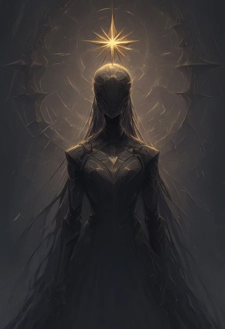 A close-up portrait of a woman with delicate white wings extending gracefully behind her shoulders. A soft golden halo floats exactly one foot above her head. She wears avant-garde futuristic clothing, featuring an oversized linen dress in flowing layers with silver synthetic accents. The dress drapes elegantly over her shoulders and arms, creating a serene, ethereal look. The background is a solid pale lavender, and the scene is adorned with golden sparkles drifting through the air, giving a magical yet minimal feel to the composition. (sinozick style, flat color, dark theme, epiCNegative, bold brushstrokes, FNTS)