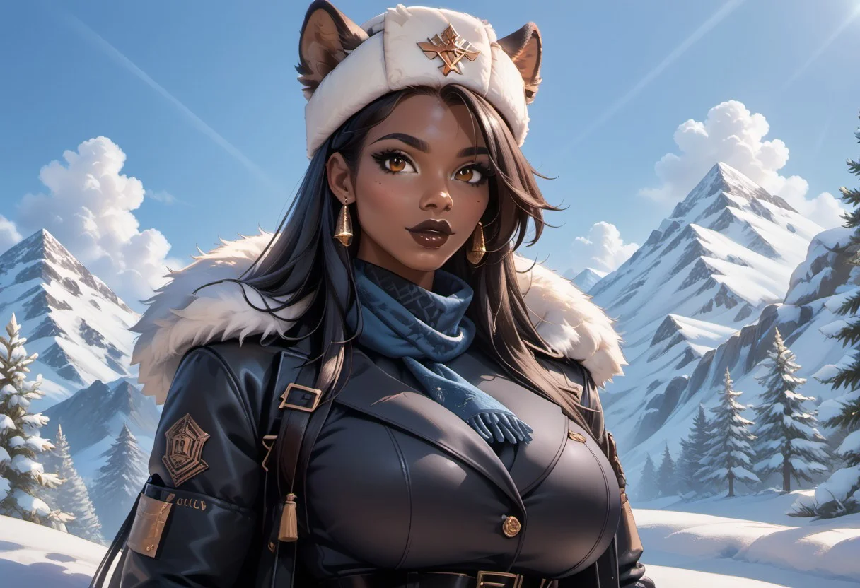 score_9, score_8_up, score_7_up, score_6_up, score_5_up, score_4_up, Very Detailed Background, Cinematic Lighting, Volumetric Lighting, Bloom, finely detailed hair, Post Processing, Perfect Anatomy, Extremely Detailed Eyes And Face, Perfect Eyes.
1girl, (solo), black girl, african girl, very long straight black hair, brown eyes, gorgeous lips, dark lips, slim figure, narrow waist, wide hips, perfect round butt,( huge breasts:1.0), firm breasts,
clothes -- fully dressed. ushanka hat, winter coat, very long blue scarf.
snow covered trainstation, tram rails, historic buildings,sunlight,
blue sky, day, beautiful view, mysterious glow, beautiful clouds,
(Upper body portrait:1.3)