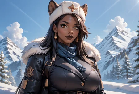 score_9, score_8_up, score_7_up, score_6_up, score_5_up, score_4_up, Very Detailed Background, Cinematic Lighting, Volumetric Lighting, Bloom, finely detailed hair, Post Processing, Perfect Anatomy, Extremely Detailed Eyes And Face, Perfect Eyes.
1girl, (solo), black girl, african girl, very long straight black hair, brown eyes, gorgeous lips, dark lips, slim figure, narrow waist, wide hips, perfect round butt,( huge breasts:1.0), firm breasts,
clothes -- fully dressed. ushanka hat, winter coat, very long blue scarf.
snow covered trainstation, tram rails, historic buildings,sunlight,
blue sky, day, beautiful view, mysterious glow, beautiful clouds,
(Upper body portrait:1.3)
